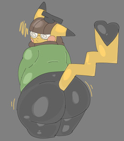 anthro big_butt black_ears black_tail blush blush_stickers brown_hair butt clothing cosplay_pikachu_(costume) dipstick_ears ear_markings eyewear female fur glasses green_clothing green_shirt green_topwear hair hat headgear headwear huge_butt long_ears long_tail looking_at_viewer looking_back looking_back_at_viewer multicolored_ears pigtails rear_view red_cheeks round_glasses shirt spiral_glasses tail topwear two_tone_ears two_tone_tail yellow_body yellow_ears yellow_fur yellow_tail jurynav nintendo pokemon cosplay_pikachu_(character) pikachu_ph._d generation_1_pokemon pikachu pokemon_(species) hi_res