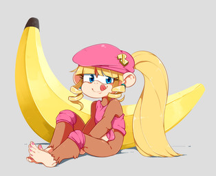 anthro banana barefoot biped blonde_hair bottomless clothed clothing feet female food fruit hair hat headgear headwear long_hair plant sitting solo toes smaiart donkey_kong_(series) nintendo dixie_kong haplorhine mammal monkey primate