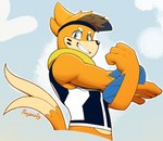 4_fingers biceps blue_eyes clothed clothed_male clothing collar collar_ring deltoids eyebrows feral fin fingers forearm_muscles forearms fur gear grin grinning_at_viewer hair hat headgear headwear looking_at_viewer male muscular muscular_arms muscular_male orange_body orange_fur orange_hair partially_clothed partially_clothed_male paws shirt smile smiling_at_viewer snout solo sportswear tight_clothing tight_fit tight_shirt tight_topwear topwear triceps buizelcream ponyanony nintendo pokemon fan_character roie_(character) buizel generation_4_pokemon mammal mustelid otter pokemon_(species)