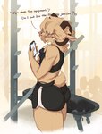 anthro big_butt biped bodily_fluids bottomwear brown_body brown_fur bulge butt butt_imprint clothed clothing cross-popping_vein dialogue dolphin_shorts electronics erection erection_under_clothing eyebrows femboy fingers fur gym hair holding_object holding_phone horn hotpants looking_at_viewer looking_back male male_anthro orange_eyes panty_lines phone public question_mark rear_view shorts skimpy solo sportswear sweat sweat_string sweaty_butt sweaty_legs sweaty_thighs thong_straps underwear coughytoffee shuff bovid caprine goat mammal hi_res