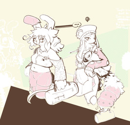 anthro apron bag bottomwear breasts bulge clothed clothing duo exposed_shoulder female gynomorph hat headgear headwear intersex living_tail midriff pants simple_background sweatpants tail unusual_anatomy unusual_tail rosiamn fpoecimh_(rosiamn) io_(rosiamn) arthropod caterpillar insect lagomorph larva lepidopteran leporid mammal rabbit hi_res sketch
