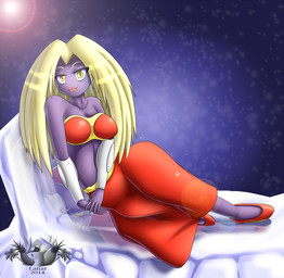 alternate_species blonde_hair bottomwear bra breasts clothed clothing female footwear hair humanoidized ice inviting looking_at_viewer navel night not_furry outside pokemorph purple_body purple_skin reflection seductive shoes skirt snow solo sun underwear wide_hips yellow_eyes latiar nintendo pokemon generation_1_pokemon humanoid jynx pokemon_(species) 2014 hi_res