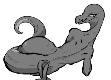bedroom_eyes butt female feral narrowed_eyes pleased_expression rear_view relaxing seductive simple_background solo tail yamabat nintendo pokemon generation_7_pokemon pokemon_(species) salazzle scalie monochrome
