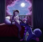 anthro bedroom breasts cunnilingus curtains female male male/female oral paws plant sex tree vaginal thejoyfuldragon canid canine canis dingo domestic_dog fox husky hybrid mammal nordic_sled_dog spitz hi_res