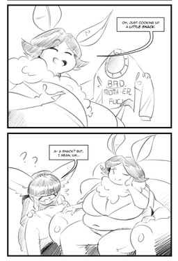 anthro big_breasts breasts cleavage clothed clothing dialogue duo eyes_closed female hair huge_breasts non-mammal_breasts one_eye_closed overweight overweight_female question_mark smile speech_bubble sweater text topwear hardtones mori_(wittyusername) rimi_(wittyusername) ailurid arthropod insect lepidopteran mammal moth red_panda black_and_white english_text monochrome