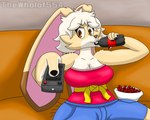 anthro controller female remote_control solo watching_television thewholof554 coca-cola sipping_beer_on_a_couch_stock_image takis bridget_(thewholof554) lagomorph leporid mammal rabbit