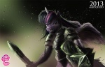 2013 anthro anthrofied armor artofzod bhavfox equid equine feathered_wings feathers female friendship_is_magic fur hair hasbro holding_melee_weapon holding_object holding_sword holding_weapon horn looking_at_viewer mammal melee_weapon multicolored_hair my_little_pony mythological_creature mythological_equine mythology purple_body purple_feathers purple_fur purple_hair scratched shield snarling solo sword twilight_sparkle_(mlp) two_tone_hair weapon winged_unicorn wings