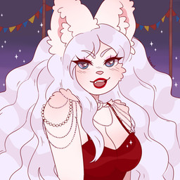 anthro arm_tuft bangs blue_eyes blush blush_lines breasts chain cheek_tuft classy clear_sky cleavage clothed clothed_anthro clothed_female clothing dress ear_tuft eyebrow_through_hair eyebrows eyelashes eyelashes_through_hair eyeshadow facial_tuft fangs female female_anthro fur grey_eyebrows grey_hair hair heart_symbol inner_ear_fluff light lipstick looking_at_viewer makeup medium_breasts night outside pennant_banner pink_eyeshadow pink_inner_ear pink_nose pole purple_sky red_clothing red_dress red_lipstick shoulder_blush shoulder_tuft sky smile smiling_at_viewer solo sparkles teeth text translucent translucent_hair tuft wavy_hair white_body white_fur white_inner_ear_fluff suzeart domestic_cat felid feline felis mammal 1:1 2024 artist_name colored digital_drawing_(artwork) digital_media_(artwork) english_description half-length_portrait hi_res lighting portrait shaded