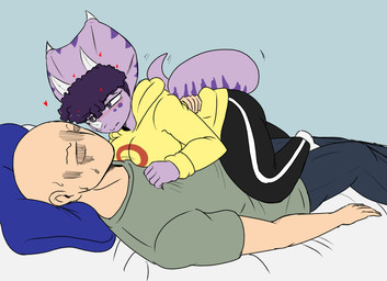 anthro arm_around_partner bald bedding big_breasts black_bottomwear black_clothing black_pants blush bodily_fluids bottomwear breasts clothed clothed_anthro clothed_female clothed_human clothed_male clothing cuddling duo facial_horn female fingers frill_(anatomy) green_clothing green_shirt green_topwear grey_background grey_bottomwear grey_clothing grey_pants hair heart_symbol hoodie horn human_on_anthro humanoid_hands interspecies looking_at_another lying male male/female markings non-mammal_breasts on_back pants pillow purple_body purple_eyes purple_hair romantic romantic_couple shirt short_hair simple_background spots spotted_markings striped_markings stripes sweat sweatdrop tail topwear under_covers yellow_clothing yellow_hoodie yellow_topwear nasu_no_itame98 cavemanon_studios goodbye_volcano_high ko_op_(game_developer) snoot_game anon_(snoot_game) trish_(gvh) ceratopsian ceratopsid chasmosaurine dinosaur human mammal marginocephalian ornithischian prehistoric_species reptile scalie triceratops absurd_res colored hi_res shaded