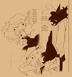 anthro balls blush blush_lines bodily_fluids bottomwear bottomwear_down clothed clothing dialogue duo ear_piercing erection fellatio foreskin genitals glans glans_in_mouth glans_lick hand_on_penis hat headgear headwear humanoid_genitalia humanoid_penis jacket kneeling_oral_position licking looking_at_another male male/male one_eye_closed oral pants pants_down partially_clothed penile penis penis_lick piercing sex shirt snaggle_tooth speech_bubble sweat sweatdrop text tongue topwear undressing_another unretracted_foreskin nerunaur noir_(noirzvault) vanille_(noirzvault) domestic_cat felid feline felis mammal 2026 digital_drawing_(artwork) digital_media_(artwork) english_text hi_res signature