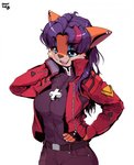 anthro blue_eyes breasts clothed clothing cosplay female hair jacket multicolored_hair open_mouth red_clothing red_jacket red_topwear simple_background smile solo topwear two_tone_hair awr_hey neon_genesis_evangelion alexis_(sleeps-darkly) misato_katsuragi bandicoot mammal marsupial 2020 digital_drawing_(artwork) digital_media_(artwork) hi_res