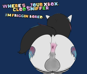 alternative_fashion anus backsack balls big_balls black_hair broken_heart butt clothing dialogue emo feral fur genitals grey_body grey_fur grey_skin hair heart_(marking) heart_symbol highlights_(coloring) huge_balls intersex legwear markings mole_(marking) mole_on_balls presenting presenting_hindquarters solo thigh_highs sapphicparadox hasbro my_little_pony equid equine horse mammal absurd_res hi_res