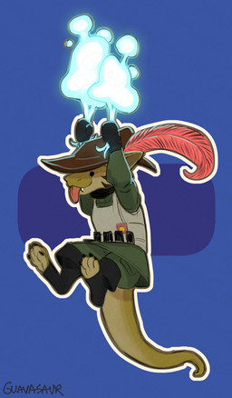 4_toes ambiguous_gender anthro armor blue_background body_armor chibi clothed clothing digitigrade fangs feet flying footwear fungus gloves handwear hat hat_feather headgear headwear loose_feather mushroom simple_background solo teeth toeless_footwear toes tongue tongue_out guavasaur project_silverfish inheritor lizard reptile scalie hi_res signature