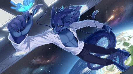 4_toes anthro barefoot claws clothing detailed_background digitigrade feet feral finger_claws fur male paws perspective planet shirt space space_station tail toe_claws toes topwear whiskers art_by_cherep mythology delun_wei arthropod butterfly dragon eastern_dragon furred_dragon furred_scalie insect lepidopteran mythological_creature mythological_scalie scalie 16:9 detailed hi_res widescreen