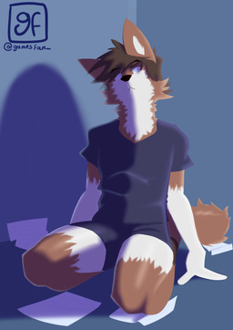 anthro black_clothing blue_eyes brown_body brown_fur brown_hair clothing fur hair male multicolored_body multicolored_fur paper solo two_tone_body two_tone_fur white_body white_fur gamesfan andre_(gamesfan) canid canine canis mammal wolf absurd_res hi_res signature