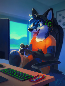 anthro black_nose blue_body blue_eyes blue_fur blue_hair bottomwear brown_bottomwear brown_clothing brown_shorts cheek_tuft clothed clothing controller detailed_background electronics facial_tuft fur gaming glistening glistening_eyes hair holding_controller holding_object inside male monitor neck_tuft open_mouth open_smile orange_clothing orange_shirt orange_t-shirt orange_topwear playing_video_game red_tongue shirt shorts sitting smile solo t-shirt tongue tongue_out toony topwear tuft white_body white_fur window mylafox kaifox canid canine mammal 3:4 detailed hi_res
