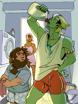 appliance beard bottomwear brown_hair clothed clothing collared_shirt detailed_background dress drinking facial_hair female fully_clothed green_body green_skin group hair humanoid_pointy_ears laundry laundry_machine male not_furry open_mouth pointy_ears shirt shorts tank_top topwear trio justheretodraw drawfee_(copyright) drawtectives grendan_highforge gyorik_rogdul rose_(drawtectives) dwarf human humanoid mammal orc 3:4 digital_media_(artwork) hi_res nonbinary_(lore)