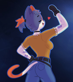 anthro black_clothing black_gloves black_handwear clothed clothing collar cosmic_background eyes_closed female gloves handwear happy heart_symbol rear_view solo space space_background cincos_5 epic_games fortnite cate_meowdy hi_res