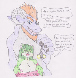 anthro big_breasts black_fingernails black_nails blue_eyes breasts clothing colored_nails duo female fingernails green_body green_eyes green_hair green_spots green_stripes grey_horn grey_underbelly hair horn huge_breasts hypnosis hypnotize male male/female mind_control nails nipples orange_hair pink_nipples pink_nose purple_body red_hair size_difference speech_bubble spots stripes text undressing undressing_self therealmessyroomguy1 mythology dragon felid feline mammal mythological_creature mythological_scalie pantherine scalie snow_leopard hi_res traditional_media_(artwork)