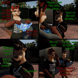 4_panel_comic anthro black_bottomwear black_bracelet black_clothing black_shirt black_shorts black_topwear bottomwear bracelet breaking_the_fourth_wall brown_body brown_eyes brown_fur brown_hair chair claws clothing countershade_face countershade_fur countershade_neck countershade_tail countershading dark_sclera devious_grin dialogue digitigrade duo evergreen_tree eyes_closed fence floor fur furniture gazebo grass green_text_border grid_layout hair hand_on_chin holding_object horn inner_monologue jewelry lgbt_pride looking_at_another looking_at_object looking_at_viewer male multicolored_clothing multicolored_swimwear natural_colors outside pine_tree plant plotting prank pride_color_clothing pride_colors red_claws red_eyes red_hair red_horn red_text_border shirt shorts skull_shirt sky small_comic smile smiling_at_another speedo swimwear table tail talking_to_viewer tan_body tan_bottomwear tan_clothing tan_fur tan_shorts teeth text thinking thinking_pose thonk tile tile_floor topwear tree wall_(structure) whiskers civilotterneer galileogb_(modeler) pri(demon)th civ_(civilotterneer) livic_(civilotterneer) demon lontra mammal mustelid north_american_river_otter otter river_otter 1:1 absurd_res comic english_text first_page hi_res half_brother_(lore)