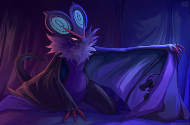 3_fingers ambiguous_anthro ambiguous_gender anthro big_ears biped black_body black_eyes black_tail black_wings claw_fingers claws duo fingers half-closed_eyes kneeling looking_at_viewer membrane_(anatomy) membranous_wings multicolored_body narrowed_eyes neck_tuft nude nude_ambiguous nude_anthro open_mouth purple_body purple_eyes purple_sclera purple_wings red_claws tail tapering_tail teeth text tongue tuft wings yellow_sclera nurinaki nintendo pokemon generation_6_pokemon generation_7_pokemon noivern pokemon_(species) salandit scalie 2026 artist_name digital_media_(artwork) digital_painting_(artwork) painting_(artwork) url
