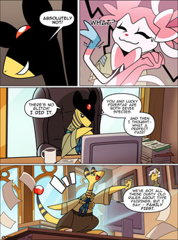 anthro anthrofied black_body blue_body blue_fur bodily_fluids chair container cup desk duo fur furniture male mug open_mouth open_smile pink_body pink_ears pink_fur pokemorph smile sweat sweatdrop table tail text white_body white_fur yellow_body yellow_ears yellow_tail odeko-yma nintendo pokemon pokemon_mystery_dungeon spike_chunsoft pix_(odeko-yma) ampharos eeveelution generation_2_pokemon generation_6_pokemon pokemon_(species) sylveon absurd_res comic english_text hi_res