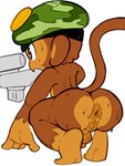 anthro anus balls bodily_fluids brown_body brown_fur clothing crouching feet fur genitals gun hat headgear headwear male military_cap penis ranged_weapon rifle sniper_rifle soles solo sweat weapon glubdub goatboydraws bloons_tower_defense ninja_kiwi sniper_monkey_(bloons) haplorhine mammal monkey primate hi_res