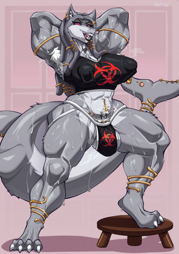 4_toes abs anthro areola_outline biceps big_breasts big_bulge big_muscles biohazard_symbol biped bodily_fluids bra breasts bulge claws clothing cross dripping feet fin gold_(metal) gynomorph gynomorph_anthro hazard_symbol intersex intersex_anthro inverted_cross jewelry jockstrap looking_at_viewer markings muscular muscular_anthro muscular_arms muscular_gynomorph muscular_intersex muscular_legs musk nipple_piercing nipple_piercing_outline nipple_ring nipples non-mammal_breasts non-mammal_hair open_mouth piercing red_sclera ring_piercing sharp_teeth solo sports_bra sweat symbol tail tail_fin teeth toe_claws toes triceps underwear right_side_down xan_(nailhead) aquatic fish shark colored digital_media_(artwork) full-length_portrait hi_res portrait shaded