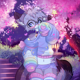 anthro bell bell_collar blue_collar blue_eyes blush bottomwear bow_ribbon cherry_blossom clothed clothing collar crop_top cropped_sweater crossdressing crossdressing_male detailed_background dipstick_ears dipstick_tail ear_markings exposed_shoulder eyewear femboy flower footwear fur glasses gold_bell grey_body hair heart_symbol hotpants lamp lantern leg_warmers legwear long_sleeves looking_at_viewer male markings midriff multicolored_ears navel night outside oversized_clothing oversized_sweater oversized_topwear pattern_clothing pattern_legwear petals pink_nose plant prunus_(flower) rainbow round_glasses shirt shorts smile socks solo sparkles stairs striped_clothing striped_legwear stripes summer sweater tail tail_markings thigh_highs thigh_socks topwear tuft ligax nixuelle domestic_cat egyptian_mau felid feline felis mammal 1:1 2026 absurd_res digital_media_(artwork) hi_res