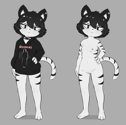 3_toes 4_fingers anthro bottomless breasts clothed clothing collar feet female female_anthro fingers genitals grey_nipples hoodie hoodie_only innie_vulva natural_breasts navel nipples nude pear-shaped_figure small_breasts solo spiked_collar spikes striped_body stripes toes topwear topwear_only vulva wide_hips young young_anthro young_female e254e valeria_(razval) domestic_cat felid feline felis mammal absurd_res hi_res