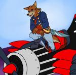 aircraft airplane anthro blue_eyes claws clothed clothing fur looking_at_viewer machine male melee_weapon paws simple_background smile solo sword vehicle weapon amocin disney talespin don_karnage canid canine canis mammal wolf 2016 digital_media_(artwork)