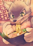 anthro blush blush_lines chopsticks countershade_face countershade_fur countershading eating eating_food egg fingers food fur holding_chopsticks holding_object kemono male noodles ramen solo dark_ishihara canid canine mammal