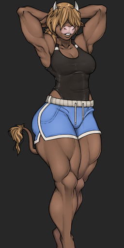anthro biped black_clothing black_leotard blue_bottomwear blue_clothing blue_shorts bottomwear breasts brown_body brown_fur brown_hair clothed clothed_anthro clothed_female clothing female front_view fur grey_background hair hair_over_eyes hands_behind_head hooves horn hotpants leotard medium_breasts muscular muscular_anthro muscular_arms muscular_female muscular_legs pose short_hair shorts simple_background smile solo standing tail spottedp_anda0046 european_mythology greek_mythology mythology bovid bovine mammal minotaur 2025 colored full-length_portrait hi_res portrait shaded