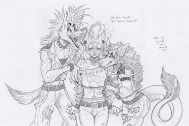 alternative_fashion anthro arm_around_waist armband band-aid bandage bell bell_collar belt bisexual blush bodily_fluids body_hair bottomwear breasts clothing collar crop_top curly_hair dripping_tongue ear_piercing ear_ring ear_stud fangs female female_anthro flustered fur gauged_ear glistening_eyelids group hair hand_on_another's_waist happy_trail jacket jingle_bell jingle_bell_collar long_hair looking_at_another looking_down male male/female male/male male_anthro midriff mohawk narrowed_eyes navel open_mouth pants patch_(fabric) piercing plug_(jewelry) pointy_ears prick_ears punk ring_piercing saliva sharp_teeth shirt short_hair snout spiked_armband spiked_collar spikes standing tail tail_tuft teeth text tongue tongue_out topwear torn_bottomwear torn_clothing torn_pants trio tuft whisker_spots wide_eyed ed_mortis mythology domestic_cat dragon felid feline felis furred_dragon furred_scalie hyena mammal mythological_creature mythological_scalie scalie striped_hyena 2020 english_text graphite_(artwork) greyscale handwritten_text hi_res monochrome sketch traditional_media_(artwork)