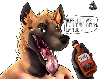 anthro bodily_fluids brown_eyes eyebrows looking_at_viewer male saliva sauce solo teeth text throat tongue tongue_out nolow hyena mammal 2017 english_text