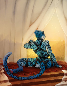 anthro athletic athletic_anthro athletic_male balls blue_body blue_eyes blue_fur blue_hair detailed_background fur genitals hair hair_bun harness male male_anthro markings nude nude_anthro nude_male pawpads sitting solo spots spotted_body spotted_fur tail whisker_spots i-psilone blue_panther_(character) felid mammal pantherine snow_leopard 2018 hi_res
