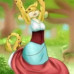 anthro clothed clothing corset corset_dress dancing dress female forest fur happy lingerie long_ears markings neomorph_(neopets) outside plant smile solo spots spotted_body spotted_fur tail tail_tuft topwear tree tuft yellow_body yellow_fur echoeternal neopets mammal neopet_(species) zafara_(neopets) 1:1 low_res