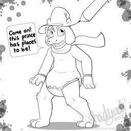 3_toes 4_fingers ambiguous_gender anthro clean_diaper clothed clothing dialogue diaper diaper_under_clothing diaper_under_onesie drawing feet fingers floppy_ears hat head_horn headgear headwear heart_symbol horn ink_splatter onesie open_mouth scarf solo speech_bubble standing stylus text three-quarter_view toes wearing_diaper wizard_hat shadyadi deltarune undertale_(series) ralsei bovid caprine darkner goat mammal 2023 artist_name english_text full-length_portrait greyscale hi_res monochrome portrait signature url male_(lore)