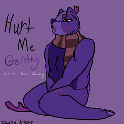 anthro antlers apathetic blood bodily_fluids broken_antler drooling hooves horizontal_pupils horn kneeling male pupils purple_body saliva scarf self-harm solo text vent_art wounded inhabitedartist korri_(inhabitedartist) canid canine canis deer domestic_dog hyena mammal 1:1 absurd_res hi_res