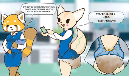 anthro big_diaper breasts clothed clothing cutaway diaper duo feces female pooping soiled_diaper soiling soiling_diaper speech_bubble stink_fumes stink_lines tail text unclean_diaper used_diaper using_diaper wearing_diaper messyszop aggretsuko sanrio fenneko retsuko ailurid canid canine fennec_fox fox mammal red_panda true_fox digital_media_(artwork) english_text hi_res