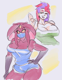 3_eyes anthro big_breasts breasts duo exercise_clothing female hair multi_eye muscular muscular_female muscular_humanoid purple_hair red_hair strong_female tidywire alien alien_humanoid human humanoid mammal absurd_res hi_res