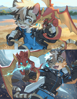 ambiguous_gender anthro bottomwear brown_body brown_eyes brown_fur clothing duo feral fingerless_gloves fur fur_markings gloves hair handwear jacket looking_at_viewer male markings melee_weapon open_mouth red_body scales shorts smile striped_body striped_fur stripes sword tail teeth topwear weapon wings young kun_blackcat mythology clouded_leopard dragon felid mammal mythological_creature mythological_scalie pantherine scalie hi_res