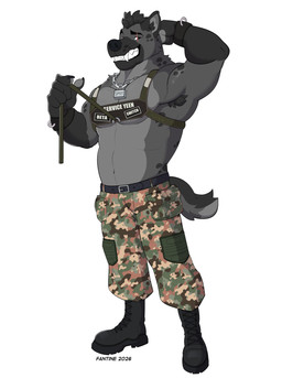 anthro armpit_hair armpit_tuft army army_clothing army_outfit army_uniform barazoku bdsm bedroom_eyes belly belt biceps big_muscles big_pecs black_armpit_hair black_belt black_body black_boots black_clothing black_footwear black_fur black_hair black_wristband body_hair bondage boots bottomwear bound camo camo_bottomwear camo_clothing camo_pants camo_print chain chain_jewelry chain_necklace claws clothing combat_boots ear_hair ear_tuft eye_scar facial_scar fangs fangs_bared flexing flexing_bicep flexing_muscles flexing_pecs flirting flirting_look flirting_with_viewer footwear fur green_bottomwear green_clothing green_harness green_pants grey_body grey_fur grin grinning_at_viewer hair harness inviting inviting_to_sex inviting_viewer jewelry knee_pads leash leashed_male male manly markings military military_clothing military_gear military_pants military_uniform mohawk muscular muscular_anthro muscular_arms muscular_male muscular_thighs narrowed_eyes necklace offering_sex offering_to_viewer pants pattern_bottomwear pattern_clothing pattern_pants pecs pose presenting presenting_body presenting_pecs raised_arm scar seducing_viewer seductive shirtless shirtless_anthro shirtless_male shoes showing_off_muscles simple_background smile smiling_at_viewer soldier solo spots spotted_body spotted_fur spotted_markings standing tail teeth thick_arms thick_thighs tuft uniform warrior white_background wristband fantine hyena mammal spotted_hyena 2026 absurd_res hi_res
