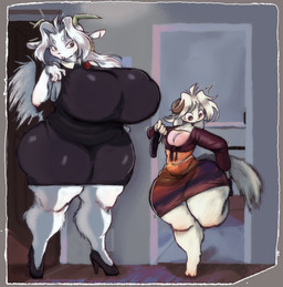 anthro big_breasts big_butt bovid_horn breasts butt caprine_horn circle_eyebrows clock clothing dress dressing duo ear_piercing ear_ring eyebrows eyeshadow female flower fluffy fluffy_tail footwear hallway high_heels horn huge_breasts huge_butt lipstick makeup piercing plant ram_horn ring_piercing rose_(flower) shoes tail thick_thighs watch wide_hips umeroart unknown_species absurd_res hi_res