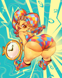 bent_over big_butt butt butt_focus clock clothed clothing female half-closed_eyes humanoid_pointy_ears looking_at_viewer looking_back narrowed_eyes not_furry pointy_ears slightly_chubby solo tongue tongue_out yellow_body yellow_skin glacierclear brain_dump clockwork_elf elf humanoid 2020 digital_media_(artwork) full-length_portrait hi_res portrait shaded