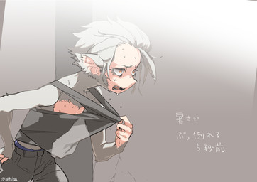 bodily_fluids bottomwear brown_eyes clothed clothing clothing_pull fully_clothed fur grey_body grey_bottomwear grey_clothing grey_fur grey_hair grey_pants grey_shirt grey_topwear hair hand_on_hip leaning leaning_forward male open_mouth pants shirt shirt_pull solo sweat tank_top teeth text topwear topwear_pull underwear hituka animal_humanoid haplorhine humanoid mammal mammal_humanoid monkey monkey_humanoid primate primate_humanoid grey_theme hi_res japanese_text