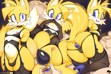 5_fingers anal anal_penetration anthro armwear balls bent_leg biped black_armwear black_bra black_clothing black_elbow_gloves black_gloves black_handwear black_legwear black_lingerie black_thigh_highs black_underwear blue_clothing blue_footwear blue_high_heels bra buttplug buttplug_in_ass buttplug_insertion clothing crossdressing_male dipstick_tail elbow_gloves eyelashes femboy fingers footwear foreskin fur garter_belt garter_straps gem genitals gloves hair handwear high_heels jewel_buttplug legwear lingerie logo looking_at_viewer looking_back male markings navel nipples object_in_ass open_mouth open_smile panties penetration penis plug_(sex_toy) plug_insertion pupils sex_toy sex_toy_in_ass sex_toy_insertion shelf_bra shoes simple_background smile solo_focus spread_legs spreading tail tail_markings thick_thighs thigh_highs three-quarter_view underwear unretracted_foreskin yellow_body yellow_fur krokobyaka sega sonic_the_hedgehog_(series) miles_prower canid canine fox mammal 2025 artist_logo hi_res signature