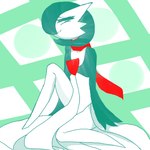 3_fingers featureless_feet feet female fingers green_hair hair hair_over_eye looking_at_viewer not_furry one_eye_obstructed scarf sitting smile smirk solo renv nintendo pokemon midori_(mielsen) gardevoir generation_3_pokemon humanoid pokemon_(species) 1:1 2023 hi_res