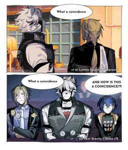 annoyed anthro blonde_hair clothing duo female formal_clothing fur group hair harness humanoid_pointy_ears humor leather leather_harness long_hair male pointy_ears ponytail suit text trio tsundere watching_movie white_body white_fur tou_booo mihoyo zenless_zone_zero belle_(zenless_zone_zero) hugo_vlad von_lycaon canid canine canis human humanoid mammal wolf comic english_text hi_res