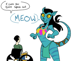 anthro blue_body dialogue disability duo female humor larger_female male meow paraplegic simple_background size_difference smaller_human smaller_male striped_body striped_skin stripes tail text vehicle wheelchair white_background unknown_artist james_cameron's_avatar jake_sully neytiri alien felid human mammal na'vi english_text